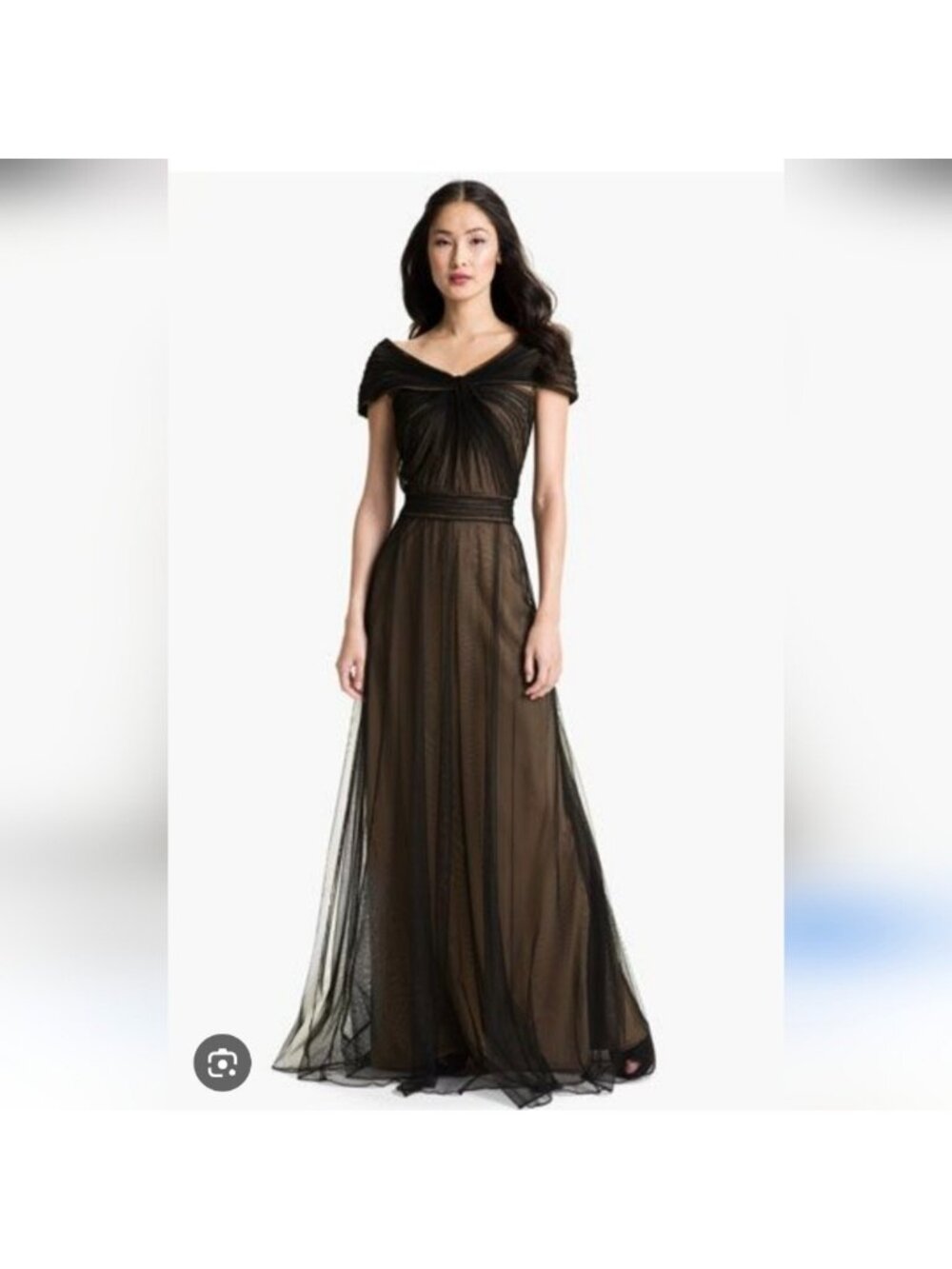 Tadashi Shoji Black Off-the-Shoulder Tulle Maxi Gown